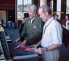 <center>Blair Baldwin recieves a "trunk of discovery" award from the national Flight of Discovery organization for his work in bringing to life the lessons of Lewis and Clark's historic expedition. <br>http://www.flightofdiscovery.com/press.html#A2</center>